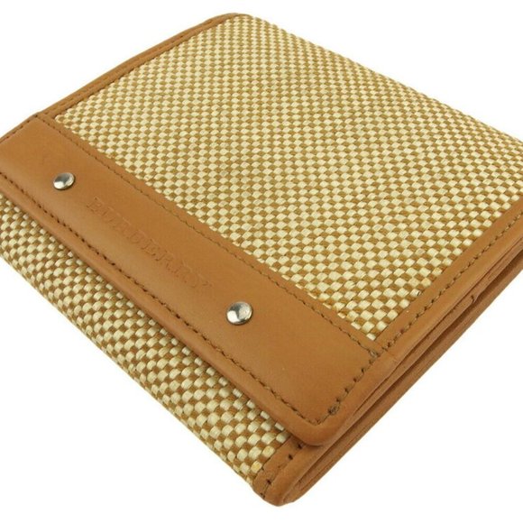 BURBERRY two-fold wallet logo beige canvas �~ leather Authentic - Picture 2 of 8